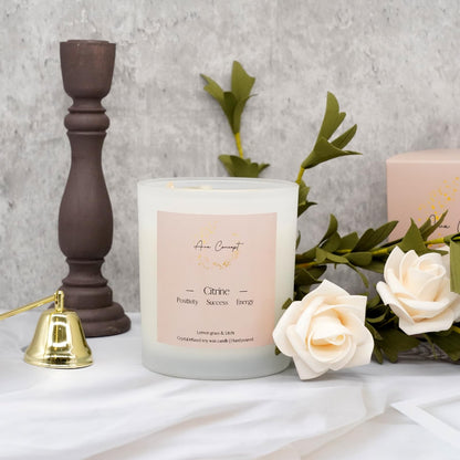 Ava Concept Citrine Crystal Candle – 10oz / 280g | Lemongrass & Litchi Aromatherapy | Hand-Poured Soy Wax | Genuine Citrine Healing Crystals Embedded | Positivity, Success & Energy | Gift Box Included