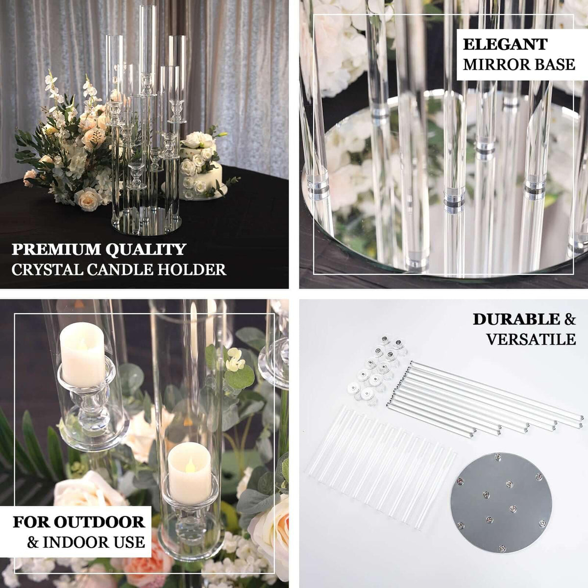 Efavormart 33" Tall - 7 Arms Clear Crystal Cluster Round Candelabra, Pillar Candle Holders with Mirror Base - Perfect for Birthdays, Weddings, Table Decoration, Event Decoration, and Centerpieces