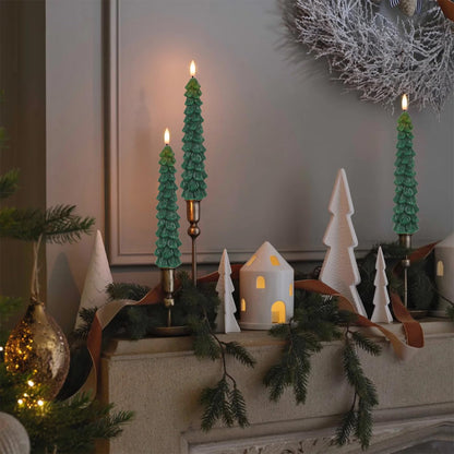 DRomance Christmas Tree Flameless Taper Candles Battery Operated with 10-Key Remote and Timer Real Wax LED Taper Candles 3D Wick Flickering Lifelike Leaves Dinner Xmas Holiday Decoration Set of 4