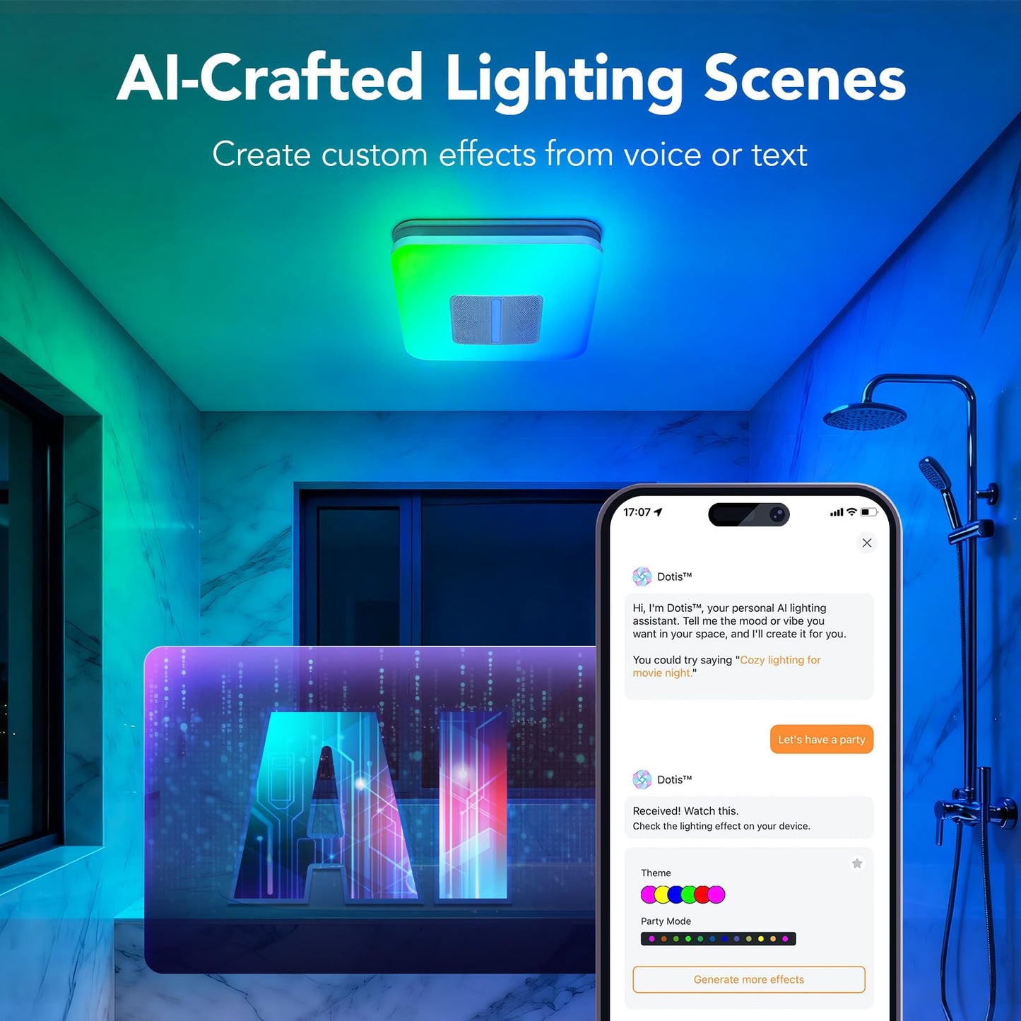 OREiN Matter Smart Bathroom Fan with Light – Humidity Sensor, 130–160 CFM Ventilation, Ultra-Quiet 1.0 Sone, Tunable White & Custom RGB, Dual Bluetooth Speakers, Compatible with Alexa & Google Home