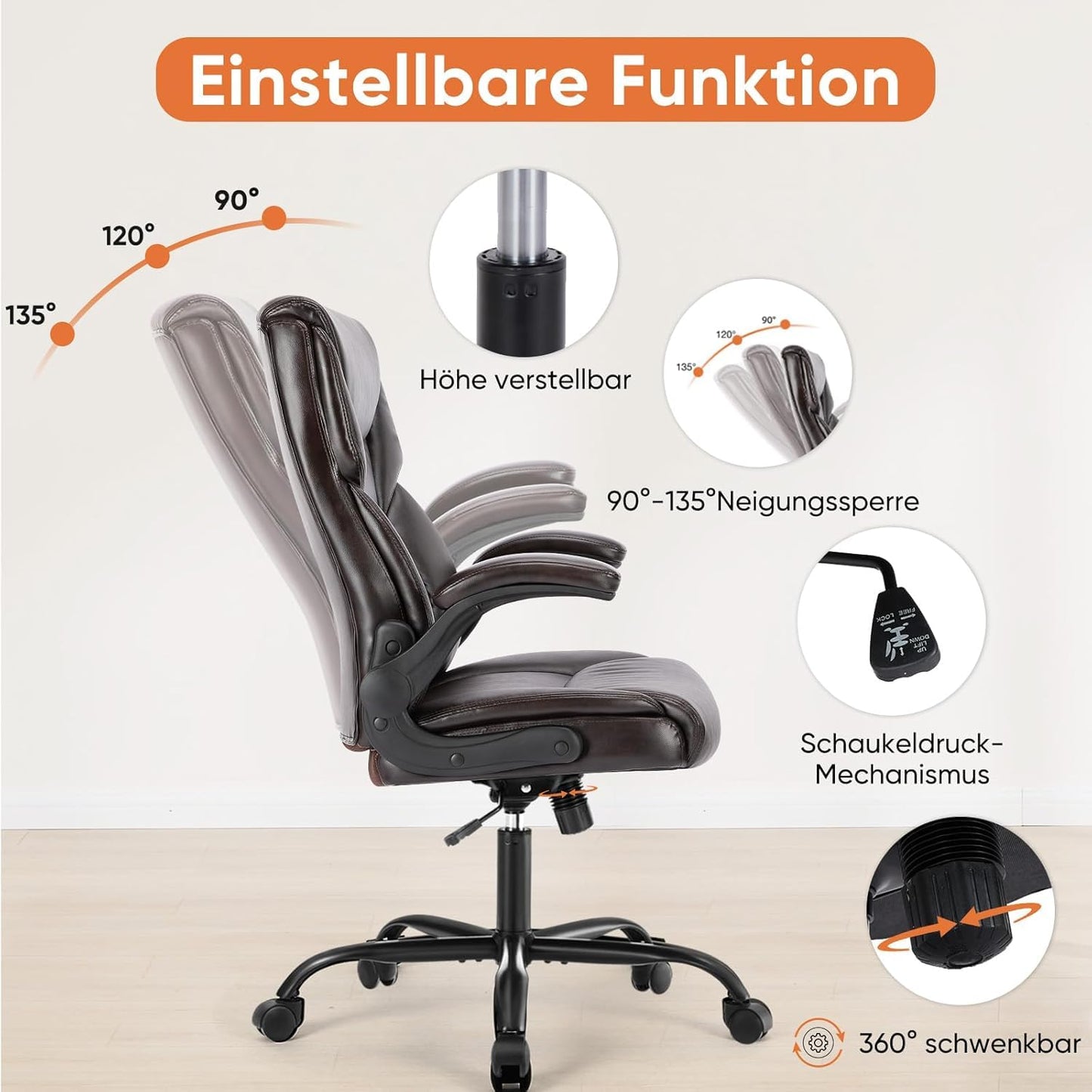 Sweetcrispy Computer Gaming Chair, Ergonomic High Back Heavy Duty Task Desk Office Chairs with Wheels, Flip-up Arms, Adjustable Height, PU Leather,Dark Brown