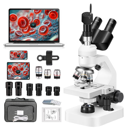 Trinocular Microscope 40x-2000x Magnification Double-Layer Stage with LED Lights on top and Bottom, Thick and Thin Dual Focusing knobs, Professional Biological Microscope (WiFi Electronic Eyepiece)