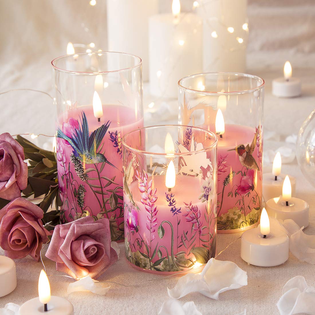 Eywamage Pink Hummingbird Floral Glass Flameless Candles with Remote, Flickering Battery LED Pillar Candles Set of 3, Spring Home Decor
