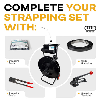 IDL Packaging CA-505 Heavy-Duty Strapping Cart & Dispenser for Steel Strapping Coils with 16" x 3" Core Size - Advanced Roller Brake System - Built-in Tray for Strapping Tools, Seals, and Gloves