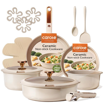 CAROTE 18Pcs Ceramic Cookware Set with Detachable Handle, Pots and Pans Set Non Stick, Non Toxic Cookware Set Removable Handles, Induction Kitchen Cookware Sets, Dishwasher/Oven Safe