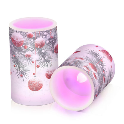 Christmas Lights Flameless Candles Winter Christmas Balls Snowflakes Pillar Candles Set of 2 Battery Operated Remote Control Warm Lights Home Decor