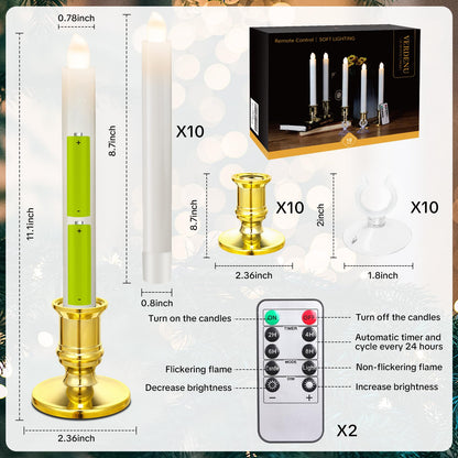 Verdenu 10 Pack Christmas Window Candles, Battery Operated Window Candles with Remote Timer, Electric LED Flameless Candle with Holders/Suction Cups for Window Decor, Gold