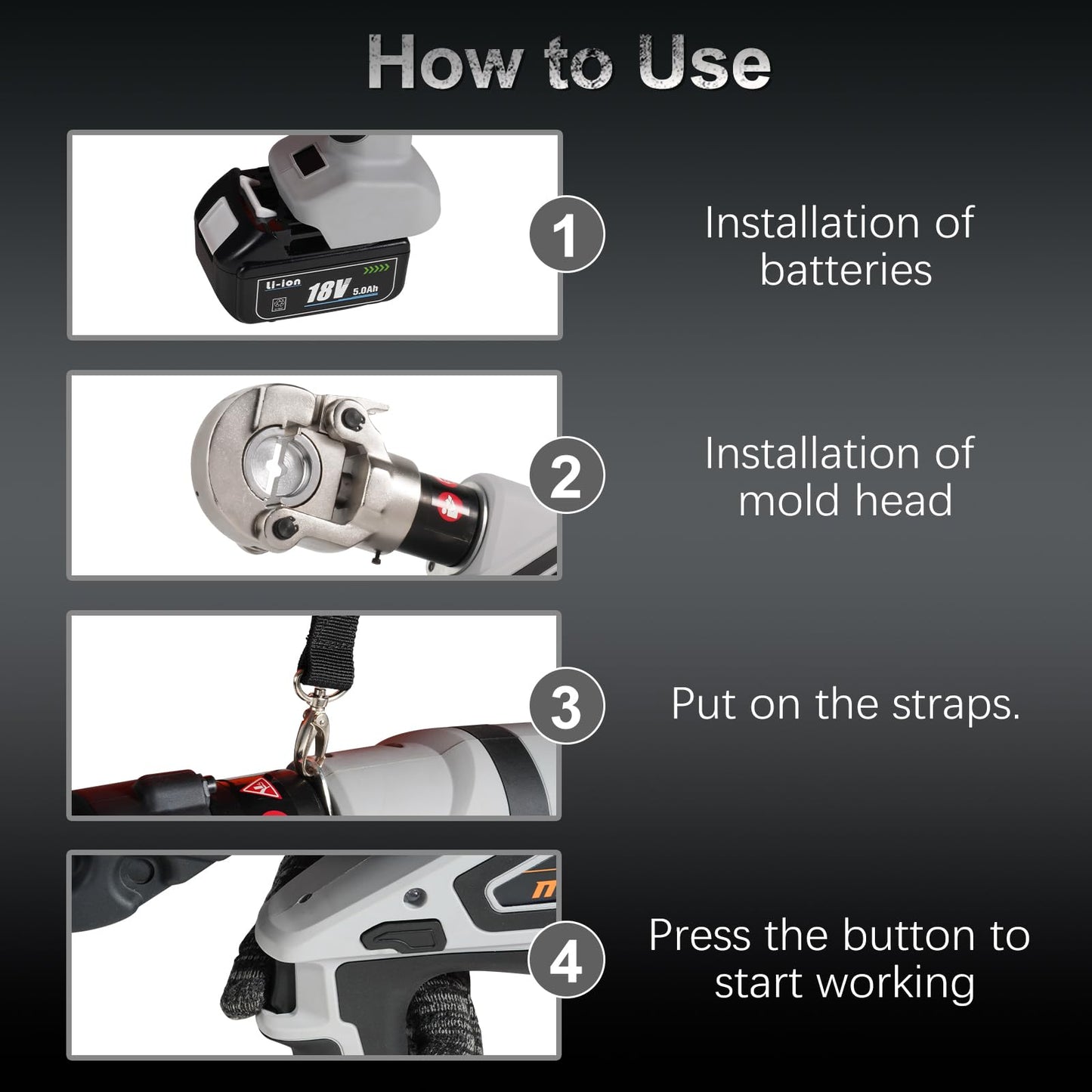 TOORGO Electric Cable Lug Crimper, Battery Powered Hydraulic Crimping Tool with 12 Dies, 6 Ton 8 AWG to 600 MCM Electric Wire Plier, Grey