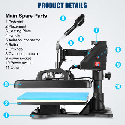 WHUBEFY Heat Press,5 in 1 Tshirt Printing Machine 15"x12" Digital Industrial Heat Transfer Machine,Sublimation Heat Press Machine for T Shirts/Mug/Cap/Plate/DIY