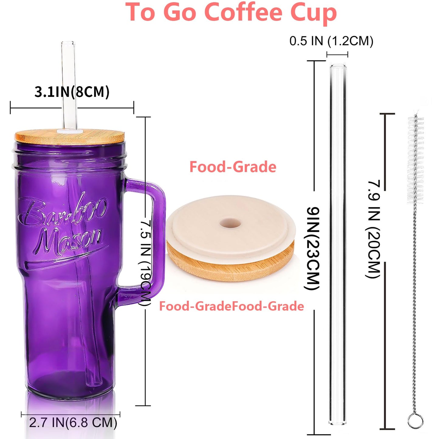 ANOTION Glass Cups with Handle, 24oz Glass Cups with Lids and Straws Travel Coffee Mug Bamboo Mason Jar Iced Cup Smoothie Tea Clear Cute Water Drinking Jars Glasses, Purple