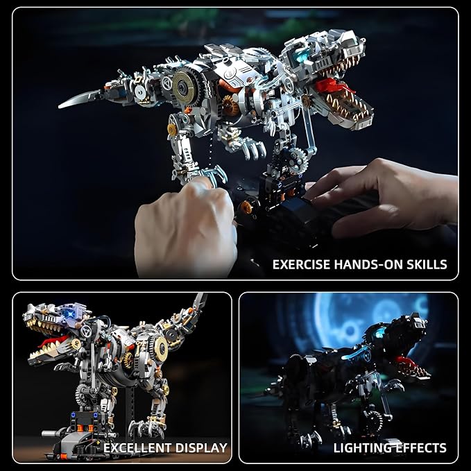 Mechanical T-Rex Dinosaur Building Blocks Set–Collectible Dino Model with Movable Gears LED Lights &amp Motor Complete with Display Stand Ideal Hobby Gift &amp Home Decor for Adults &amp Teens