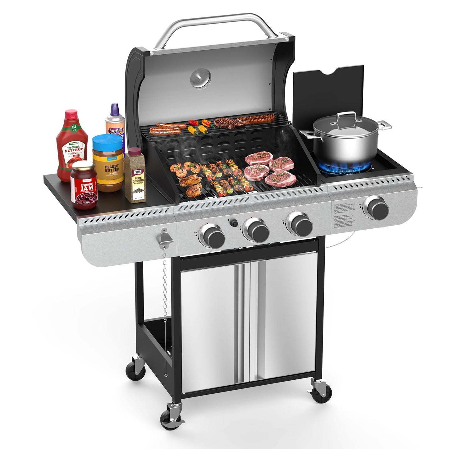 3-Burner Propane Gas Grill with Side Burner,Stainless Steel BBQ Grill with Porcelain-Enameled Cast Iron Grates,37000 BTU Barbecue Grill, Suitable for Patio,Camping,Outdoor Cooking