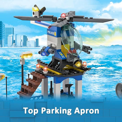 City Police Station Toy Building Set - 890 Pieces Helicopter Police Car and Truck Patrol Boat Coast Guard Headquarter Toy - Ideal Creative Roleplay Gift for Kids Boys and Girls Ages 6-14