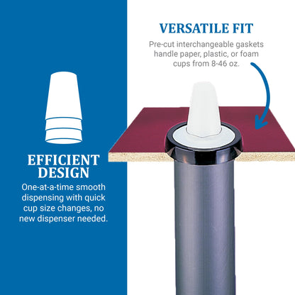 San Jamar Ez Fit Surface Mount Cup Dispenser Fits 6 - 24 Oz Cups with Interchangeable Gaskets for Restaurants, Dining Halls, and Fast Food, Plastic, 18 Inches, Black