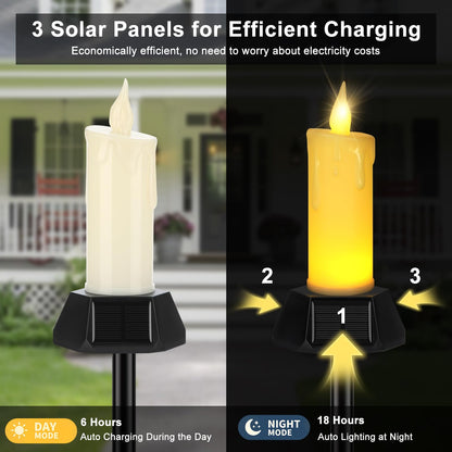 Weddinay Solar Flameless Candles Outdoor Waterproof, Patented Dual-LED Flickering Flame 7" Dripping Wax Pillar with Detachable Stake, 3-Sided Solar Base for Patio, Cemetery (2 Pack)
