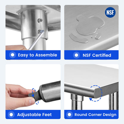 Hally Stainless Steel Table for Prep & Work 24 x 36 Inches, NSF Commercial Heavy Duty Table with Undershelf and Galvanized Legs for Restaurant, Home and Hotel