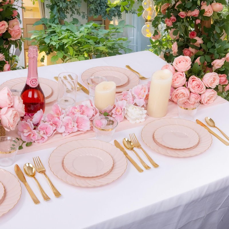 YOUBET 100 Pack Pink Scalloped Plastic Plates - 6.5 Inch Pink Disposable Plates - High End Elegant Vintage Dessert Plate for Party & Weeding & Birthday