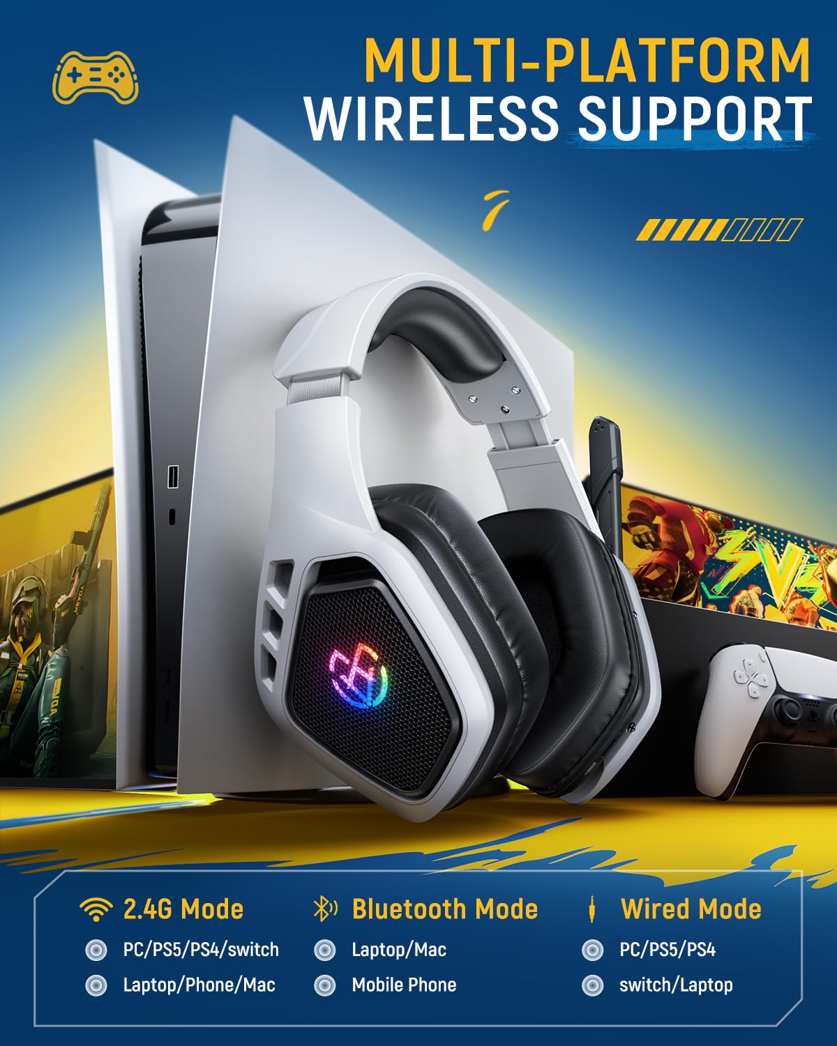 Wireless Gaming Headset for PC, Ps5, Ps4, 2.4 Ghz USB & Type-C Gaming Headphones with Microphone, 30H Battery Bluetooth Headphones for Switch, Laptop, Mobile, Mac
