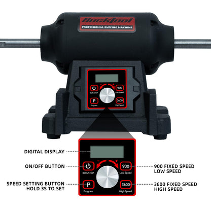 BUCKTOOL 1HP VFD Motor 8-Inch Variable Speed Bench Buffer Polisher, 900-3600 RPM One Button Speed Setting Powerful Benchtop Polisher, Extended Polishing Shaft for Jewelry, Metal Power Bench Grinders
