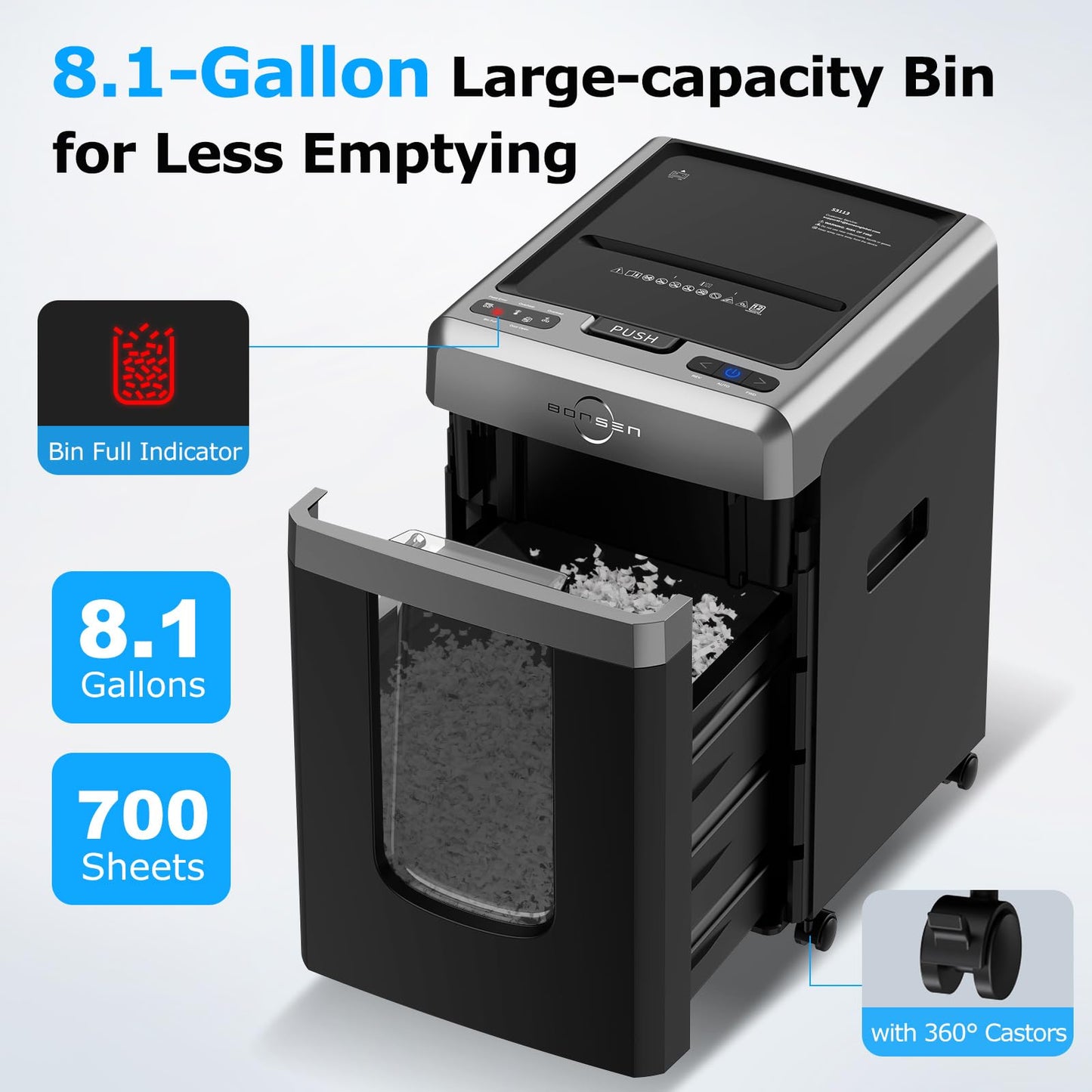 BONSEN 300-Sheet Auto Feed Paper Shredder, 60 Minutes Non-Stop Commercial Grade Heavy Duty Shredders for Office, 8.1 Gallon Micro Cut Document Shredder, P-4 Security Level,58dB Super Quiet