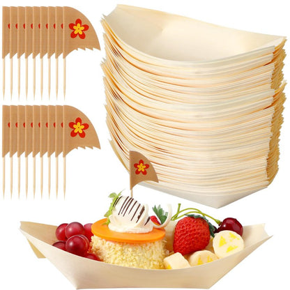 Nuogo 50 Pack 8 Inch Disposable Bamboo Boat Plates with Flower Flag Cake Topper Wooden Charcuterie Trays Serving Plates for Summer Birthday Party Decorations Tropical Hawaiian Favor Supplies