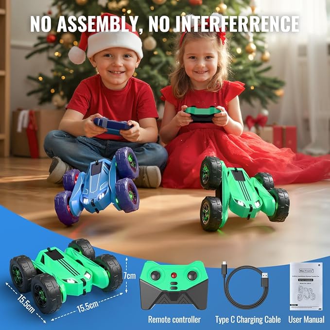 MaxTronic Fast Direct Charging Remote Control Car with LEDExclusive Dual USB-C Charging for Car &amp Controller - 2.4Ghz 15km/h 360° Flips Rotations 4WD RC Stunt Car Fully Rechargeable for Kids 3-12