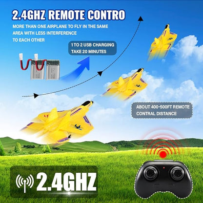 Yellow RC Plane for Kids Upgrade F-22 Raptor Fighter RC Airplane Remote Control Airplane Toys 2.4 GHZ Smart 6-axis Gyro Stabilizer RTF RC Jet Aircraft Easy to Fly Outdoor Toy RC Glider for Beginners
