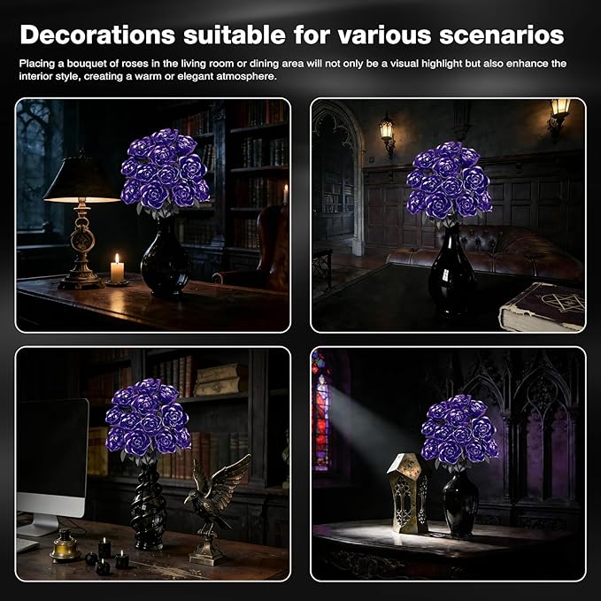 Rose Rotating Everlasting Flower Building Set (866PCS) Compatible Artificial Bouquet Elegant Home/Office Decor Accent for Tabletop Display Long-Lasting Home Decoration (Purple)