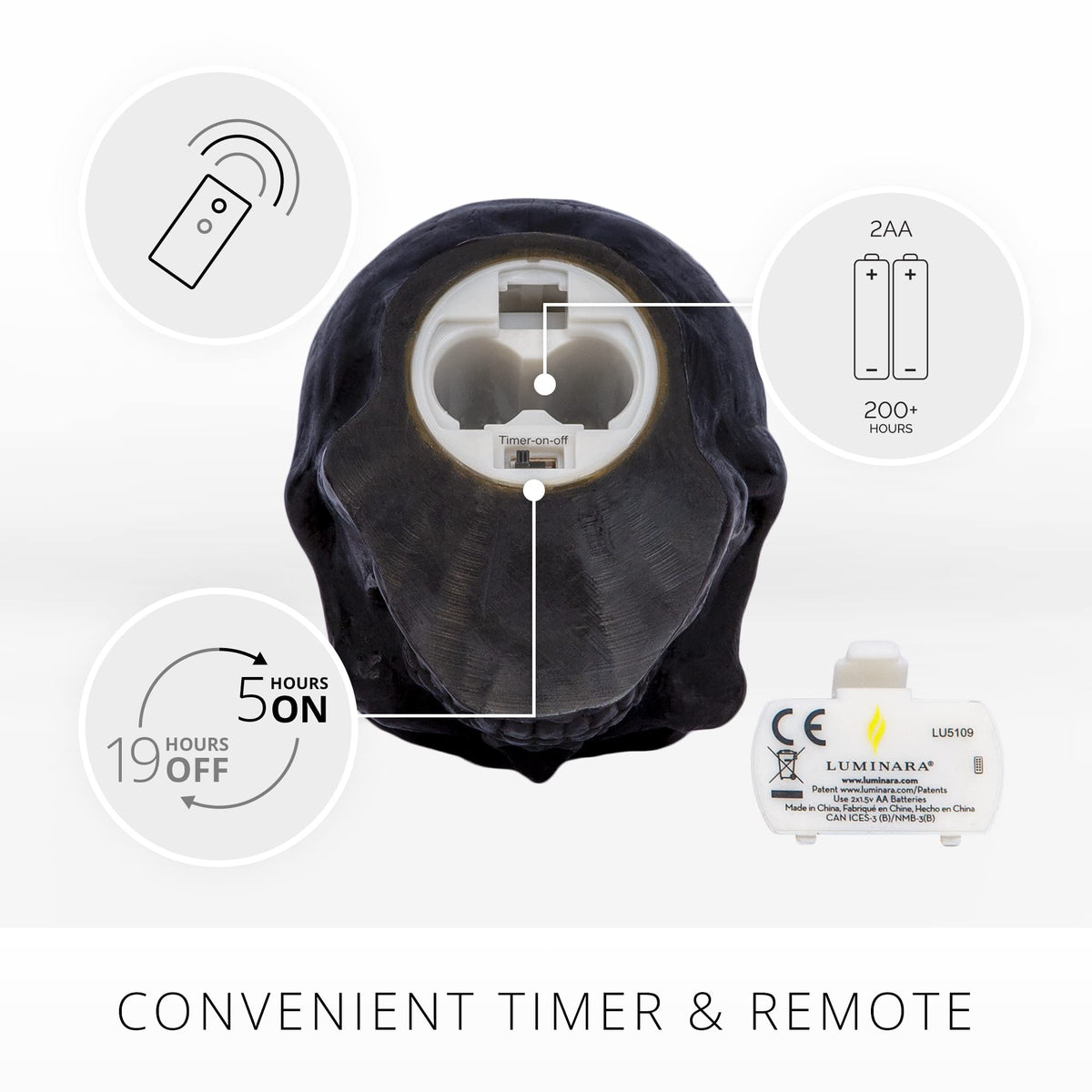 Luminara Flameless Single LED Moving Flame Small Skeleton Skull Figural (3.75" x 4.25") Real Wax LED Candle, Unscented, Timer - Black