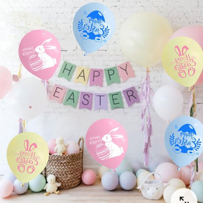 Happy Easter Balloons, 60Pcs 12 Inch Pastel Light Pink Blue Blue Cute Bunny Spring Easter Eggs Party Balloons for Kids Girl Boy Cute Egg Easter Spring Birthday Party Baby Shower Decorations