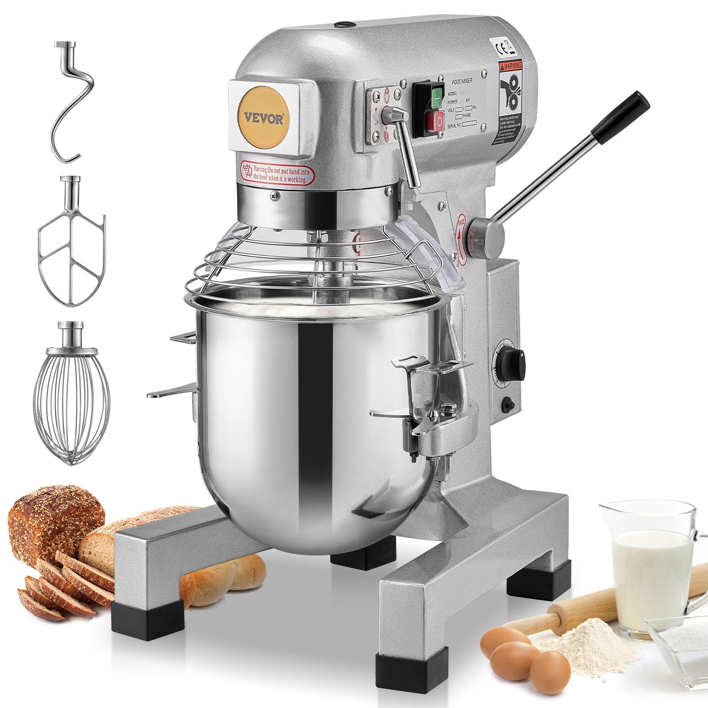 VEVOR Commercial Food Mixer 30Qt, Commercial Mixer with 3 Adjustable Speeds, 1100W Dough Mixer,Commercial Stand Mixer with Stainless Steel Bowl