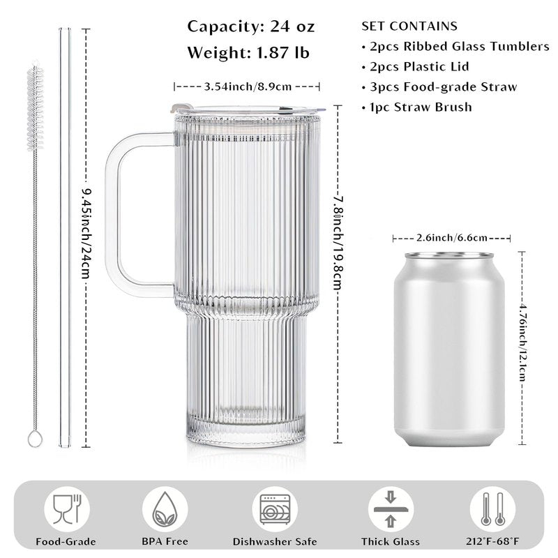 INSETLAN 24oz Ribbed Glass Tumbler with Handle & Lid – 2-Pack Large Iced Coffee Cups with Straws, Modern Glass Mug for Cold & Hot Beverages, Aesthetic Travel Cup for Smoothies, Tea, and Juice