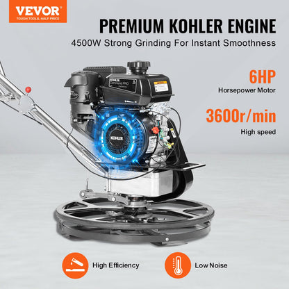 VEVOR Power Trowel 24 inch, 6HP Gas-Powered Smooth Concrete with Float Pan, Heavy Duty Commercial Screed Concrete Cement with Finishing Blade