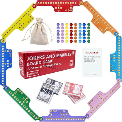 Jokers and Marbles Board Game - Solid Wood Pegs and Jokers Board Game Set for 2-8 Players Double-Sided Painted Family Party Game with 48 Marbles &amp 4 Card Decks