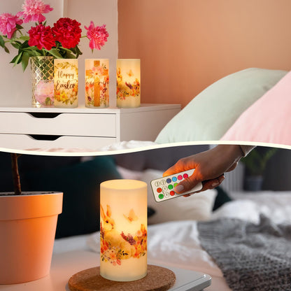 Retisee 3 Pcs Easter Flameless LED Candles Battery Operated Bunny Flower Spring Flickering Pillar Candles with Remote Rabbit Happy Easter Centerpiece for Bedroom Living Room Dinner Table Decoration