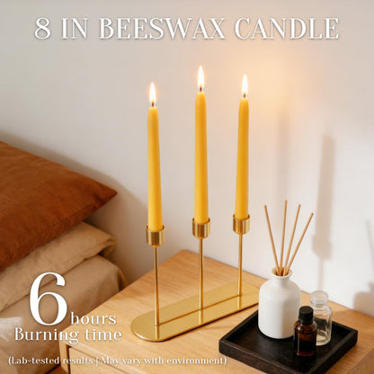 24 Pack Beeswax Taper Candles in Bulk 8 inch Tall - All Natural, 100% Pure Unscented Bee Wax Candle, Dripless, 5 Hours Burnning Time -Yellow