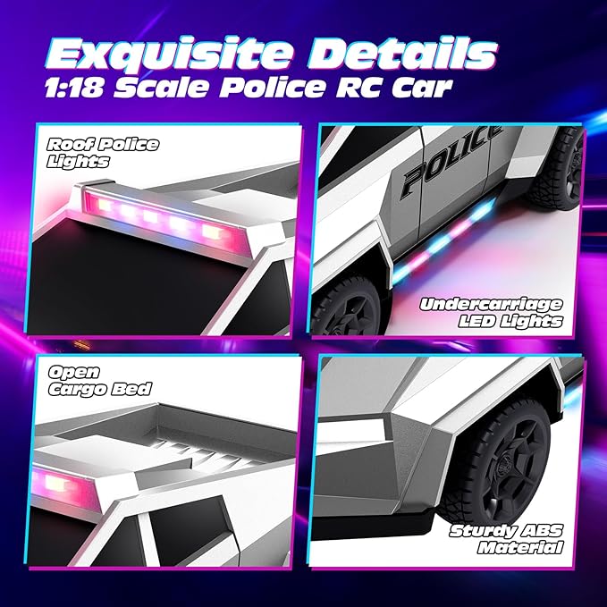 Tecnock RC Truck for Kids 1:18 Scale Police Remote Control Truck with LED Lights 2 Rechargeable Batteries 2.4GHz All-Terrain RC Car Toys Gift for Boys Girls Aged 3-8 8-12