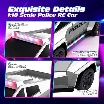 Tecnock RC Truck for Kids 1:18 Scale Police Remote Control Truck with LED Lights 2 Rechargeable Batteries 2.4GHz All-Terrain RC Car Toys Gift for Boys Girls Aged 3-8 8-12