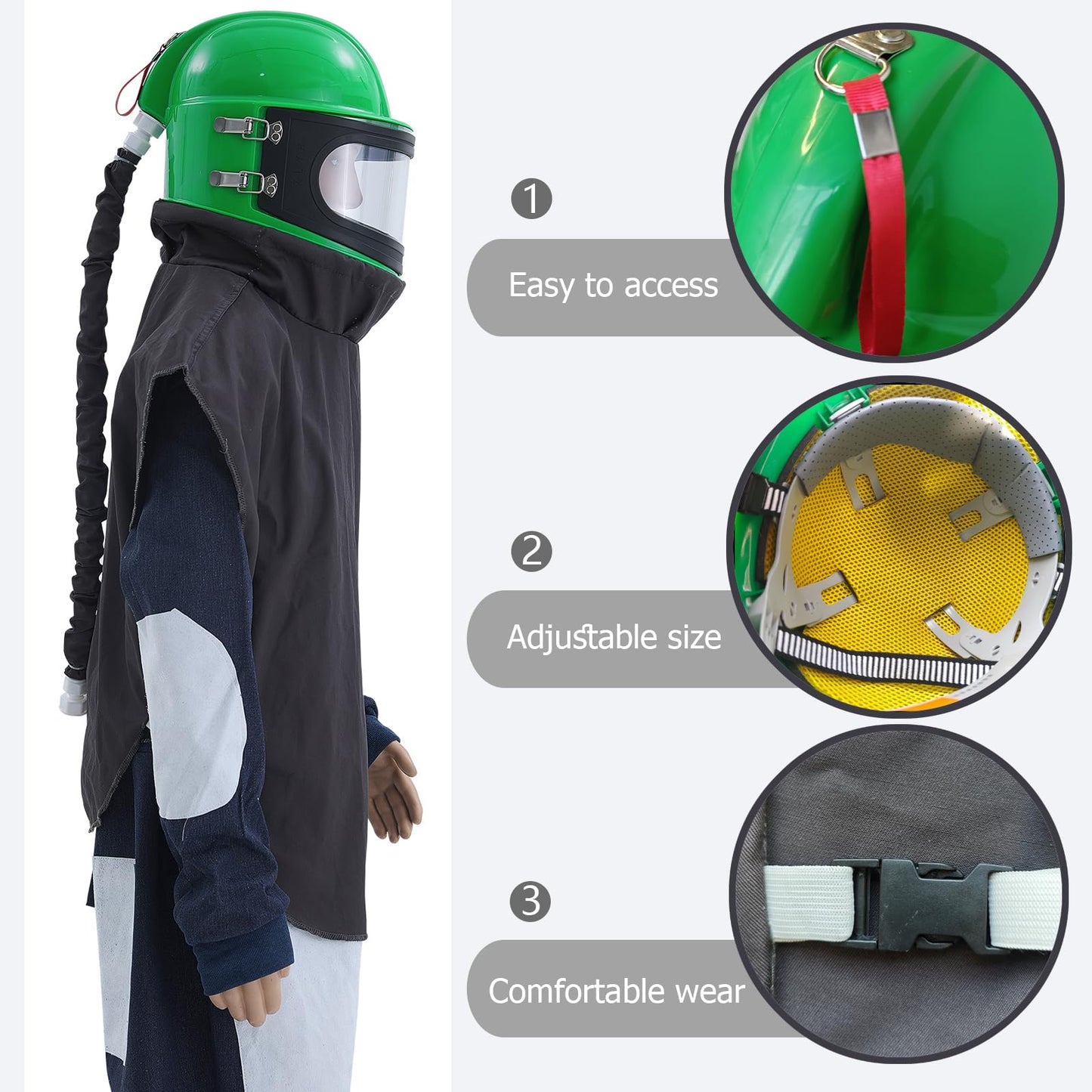 Professional Green Sandblasting Hood 5 Replaceable Lenses, Dustproof Sandblaster Helmet, Fits Protective Suits Ideal for Sandblasting, Spraying, Grinding, Cutting, DIY Painting, Wood