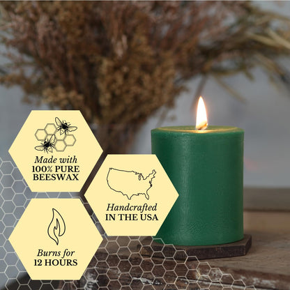 Big Dipper Wax Works Moss Green Pillar Candle, 60-Hour Long Burn, Pure Beeswax Candle, 3" x 3.5”