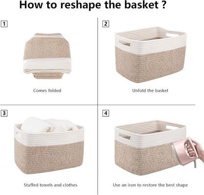OIAHOMY Storage Baskets - 4 Pack Woven Cotton Rope Baskets for Organizing Toys, Towels & Books | 13" L x 9" W x 7.8" H, Brown & White