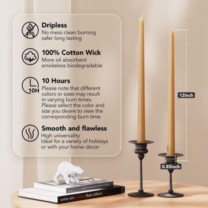 Pickood 12-Inch Tall Dripless Taper Candles Set of 4 - Beige Tapered Candles, Perfect for Christmas - Smokeless, Unscented, Long Burning - Hand Poured, Colored Tall Candlesticks - Beige