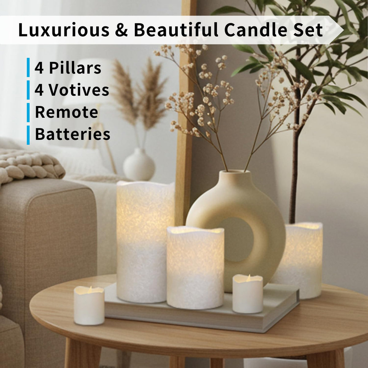 FURORA LIGHTING White Crystallized Flameless Candles - Real Wax, Adjustable Brightness, Remote & Timer - 4 Pillars (3x4, 3x6) and 4 Votives, 8-Pack, Battery Operated