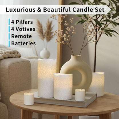 FURORA LIGHTING White Crystallized Flameless Candles - Real Wax, Adjustable Brightness, Remote & Timer - 4 Pillars (3x4, 3x6) and 4 Votives, 8-Pack, Battery Operated
