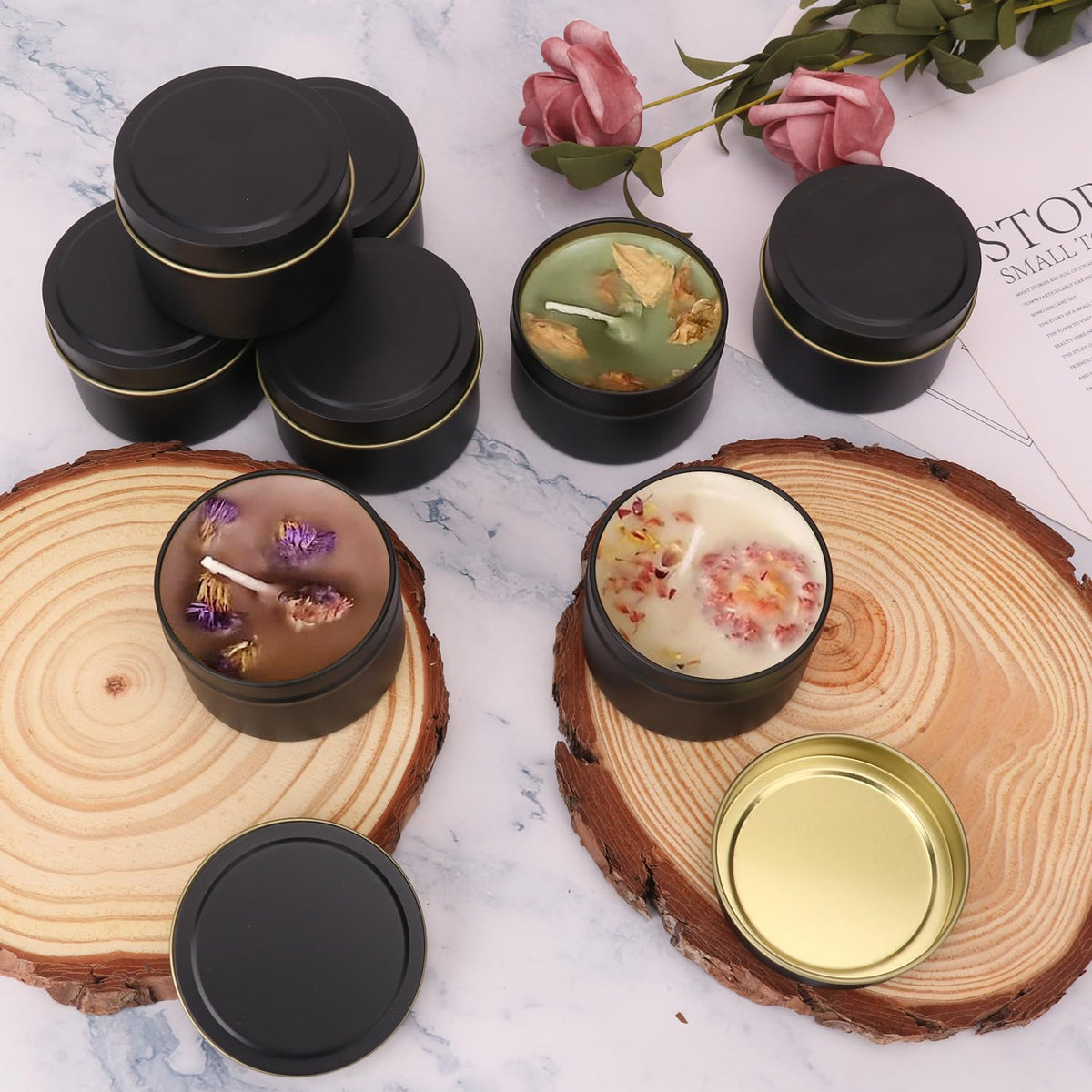 Biugaaufai 48 Pack Black Steel Round Candle Tins with Lids, 4 oz Capacity, Matte Black Finish for DIY Candle Making and Storage