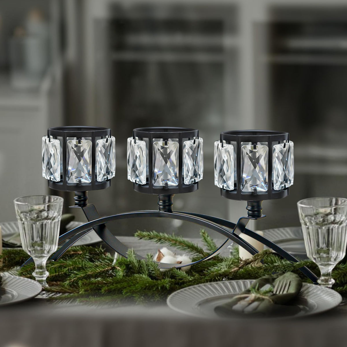 3 Arms Crystal Bowl Tealight Candelabra Votive Candle Stand, Wedding centerpieces for Tables Crystal Candlestick，Centerpiece Table Decorations (Black)