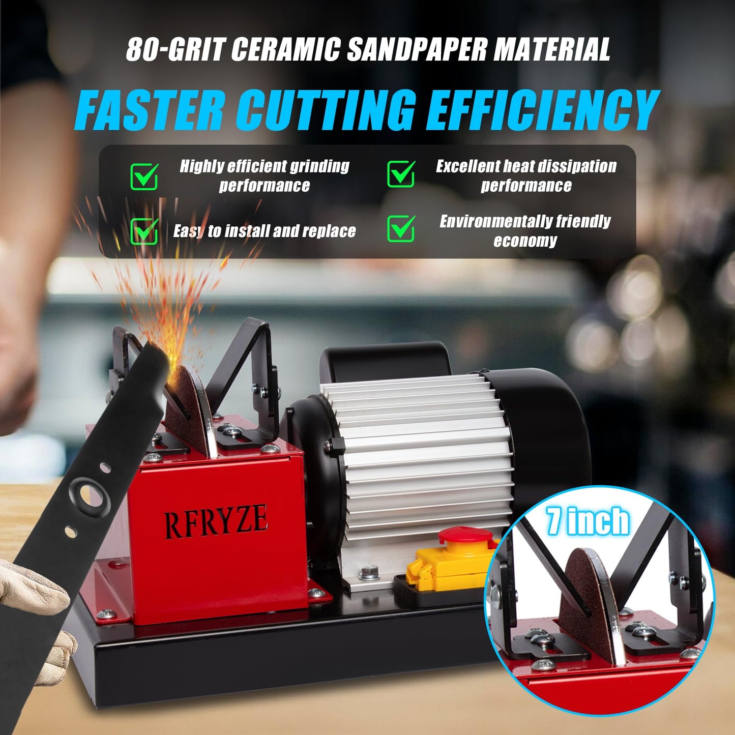 RFRYZE Lawn Mower Blade Sharpener 550W 1700 RPM, 3/4HP Bench Grinder with 7-Inch Ceramic Wheel, Adjustable Angle Sharpener for High Lift, Low Lift, Gator & Flat Blades