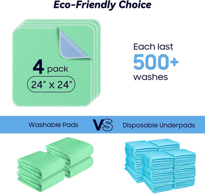 Skiennix 4 Pack Washable Underpads - Extra Heavy Absorbency Waterproof Bed Pads for Adults & Dogs | 24” x 24”