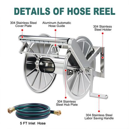 Stainless Steel Garden Hose Reel Heavy Duty, Wall Mount Water Hose Holder, 150 Feet of 5/8 Inch Hoses Capacity, Hose Reels with 5 ft Inlet Hose for Outside, Lawn, Yard, Garage