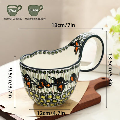 ALMA Ceramic Soup Bowls With Handles, 18oz Microwavable Large Loop Handle Mugs, Decorative Handpainted Floral Soup Bowl For Cereal, Oatmeal, Chili, Snack,Fruits,Ice cream-Orange Irene Theme